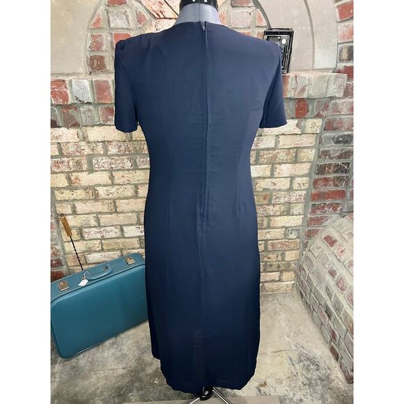 Dress 1980s Navy pleated bodice swing skirt shoulder pads - Picture 4 of 10